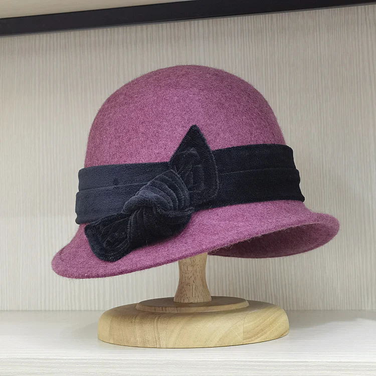 Herfst en winter wollen fluwelen bucket hat met strikdecoratie, houdt je warm en geeft een modieuze uitstraling. — foto 11