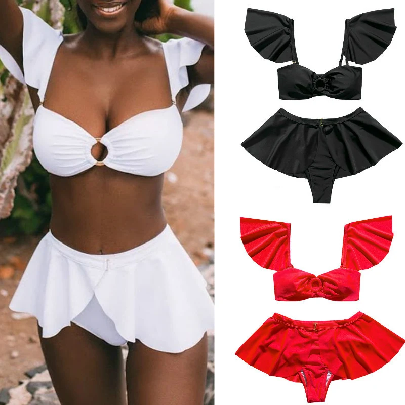 Bikini de cuatro piezas de color sólido para mujer, traje de baño dividido. Disfruta del sol con este conjunto cómodo y elegante. Perfecto para la playa o piscina. — foto 1