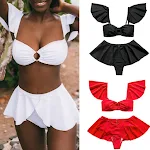 Bikini de cuatro piezas de color sólido para mujer, traje de baño dividido. Disfruta del sol con este conjunto cómodo y elegante. Perfecto para la playa o piscina. — foto 1