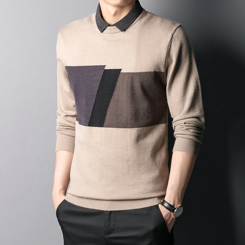 Men's Colorblock Slim Top Fall Winter Shirt Collar Knitwear, a stylish and comfortable knit shirt, perfect for a modern — photo 2