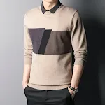 Men's Colorblock Slim Top Fall Winter Shirt Collar Knitwear, a stylish and comfortable knit shirt, perfect for a modern — photo 2