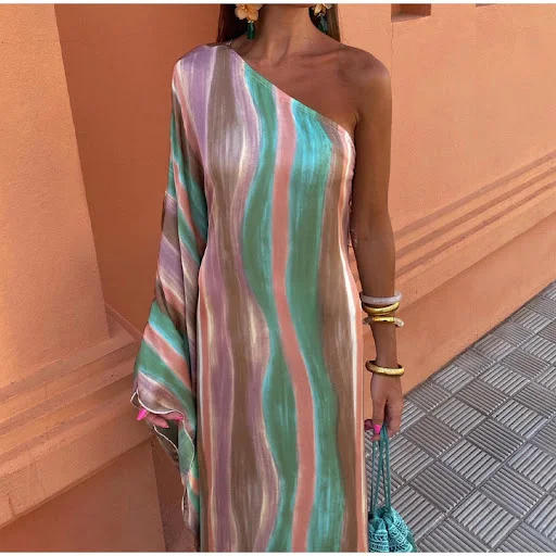 Title 1, Womens Striped Color Matching Shoulder Dress C...