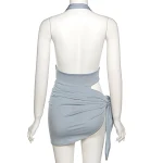 Gray-blue two-piece swimsuit with snap button to wear outside. Stylish, versatile swimwear perfect for the beach or pool — photo 4