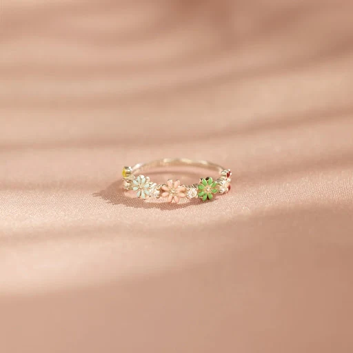 Title 4, Anel de prata esterlina S925 com flores colorid...