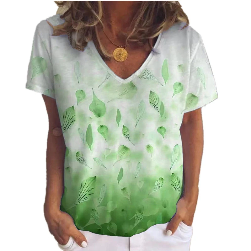 Women's Leaf Flower Print V-neck Short Sleeves Top, a stylish and comfortable top perfect for warm weather, offering a f — photo 2
