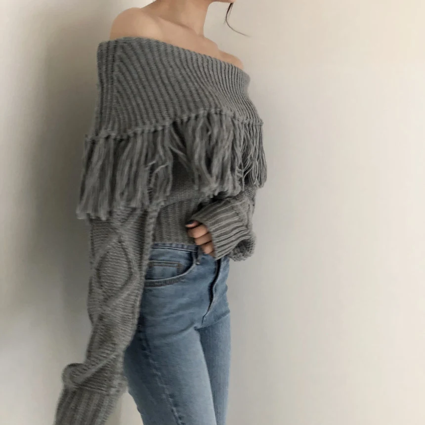 Title 9, Fringed Off-shoulder One-neck Knitted Long-slee...