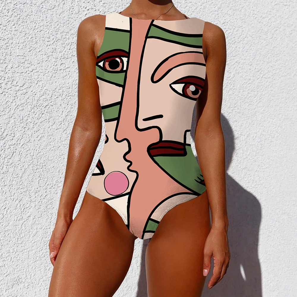 Women's One-Piece Vintage Abstract Print Swimsuit Sleeveless Round Neck Bikini Swimwear Summer Push Up, stylish beach fa — photo 3