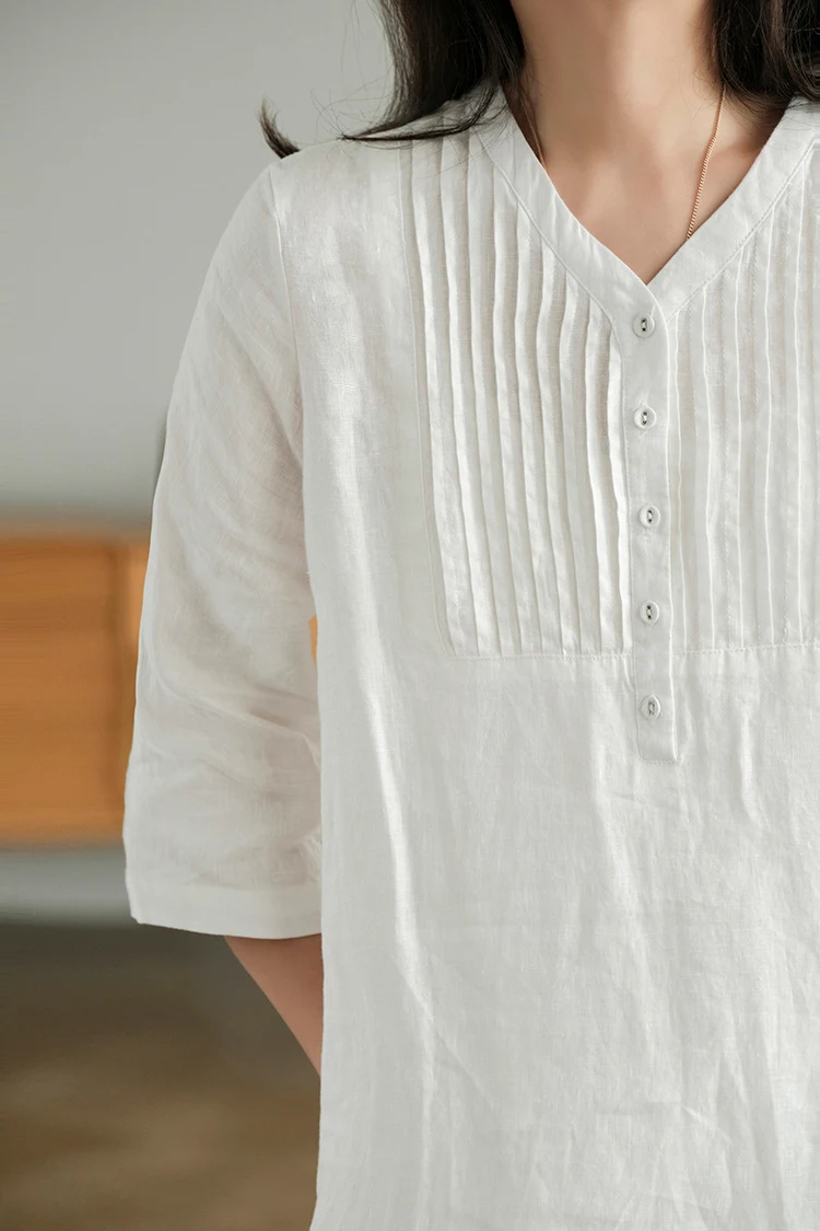 Vestido de lino y algodón de color liso con cuello en V y media manga. Fresco, cómodo y elegante para uso diario, perfecto para el verano. — foto 8