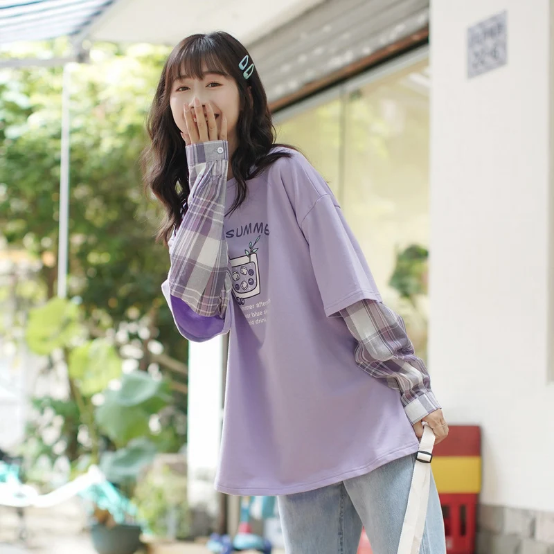 Suéter feminino solto fino falso de duas mangas compridas preguiçoso roxo — foto 3