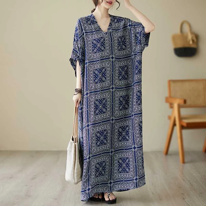 Title 10, Floral vacation style travel V-neck retro cotto...