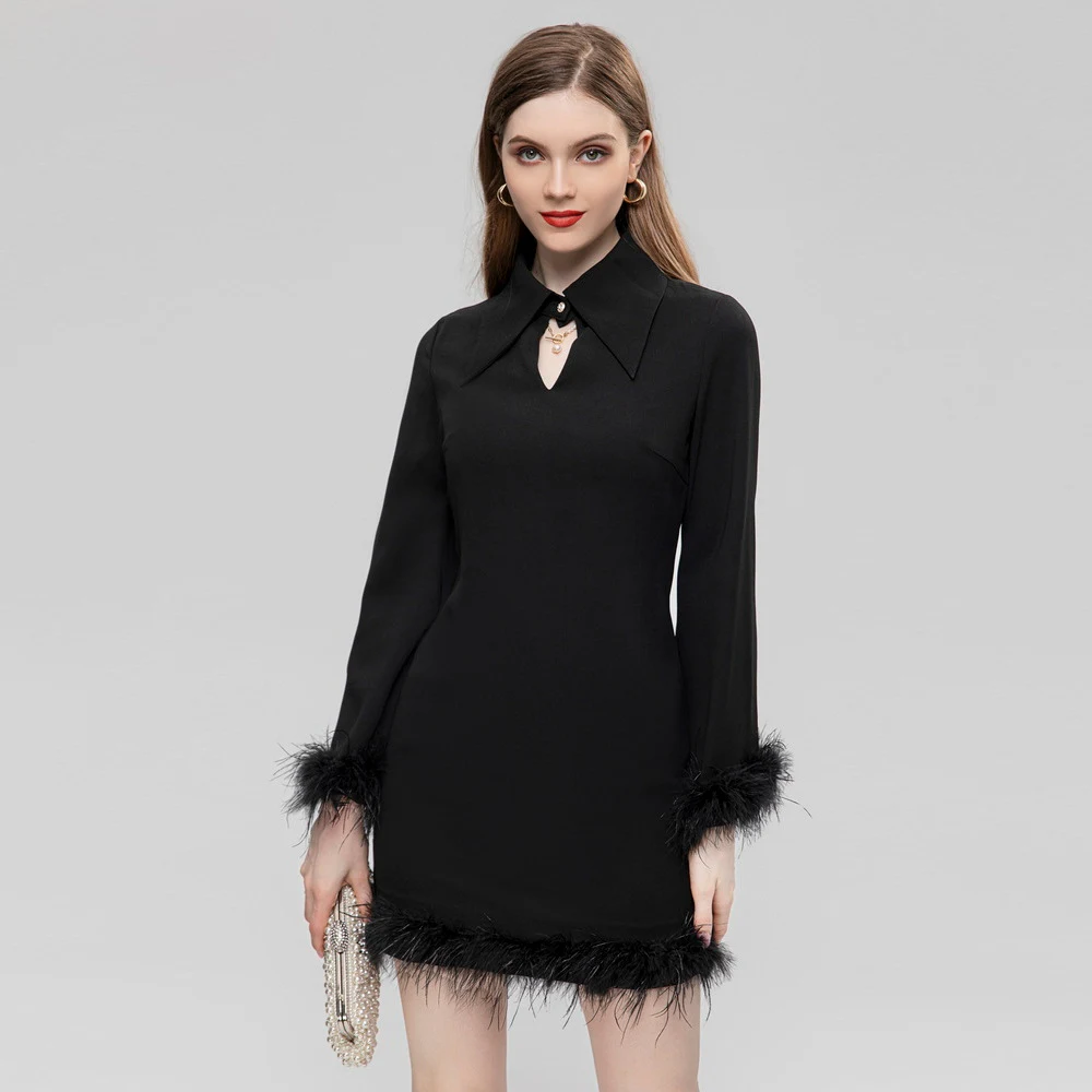 Title 2, Lapel Feather Long Sleeve Dress