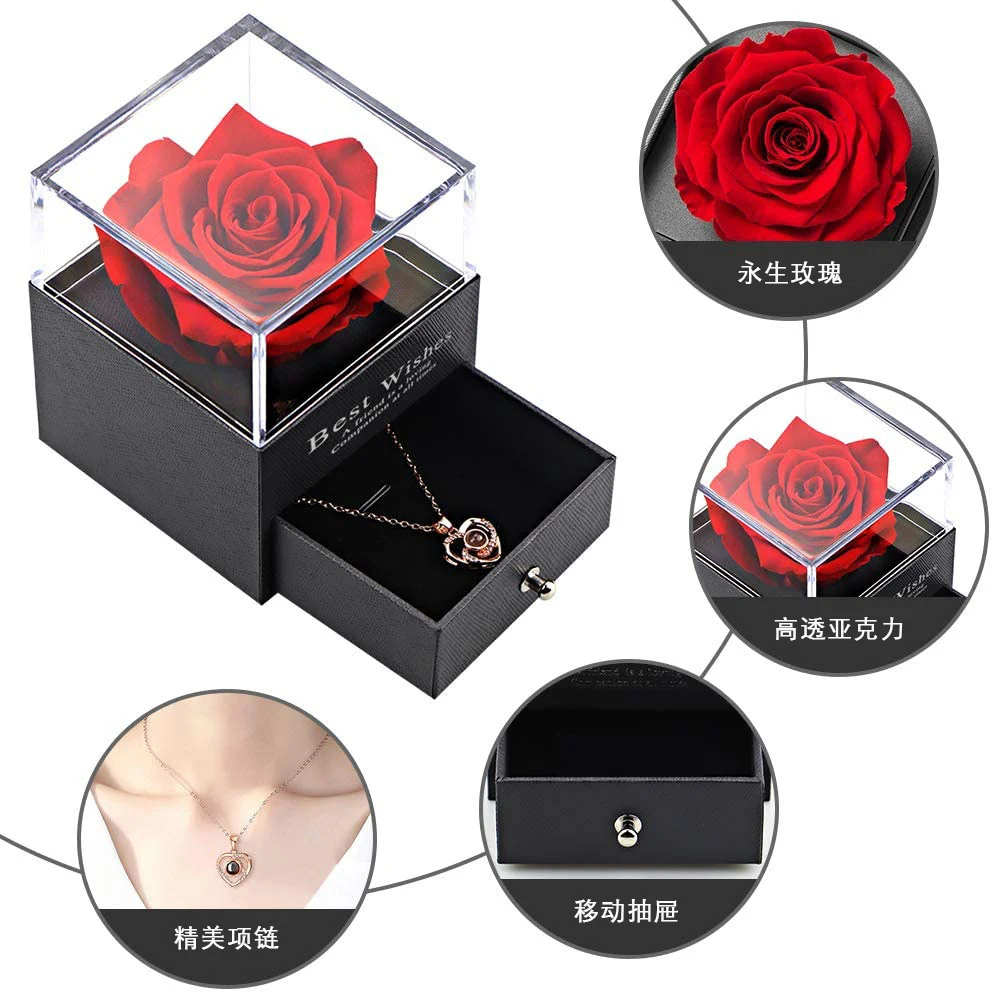 Caixa de presente acrílica com joia de rosa preservada, ideal para guardar flores e joias. Um presente elegante e duradouro para ocasiões especiais. — foto 16