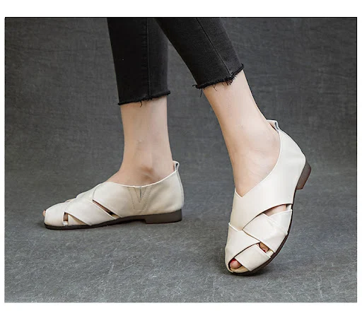 Title 14, Womens Cowhide Leather Sandals, Flat Heel, Sof...