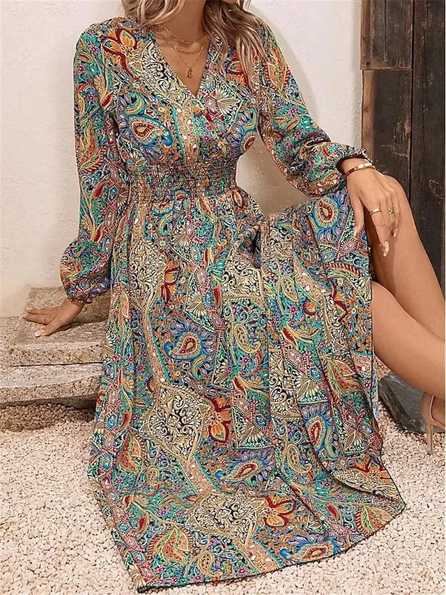 Title 2, Elegant V-neck Printed Long Sleeve Dress
