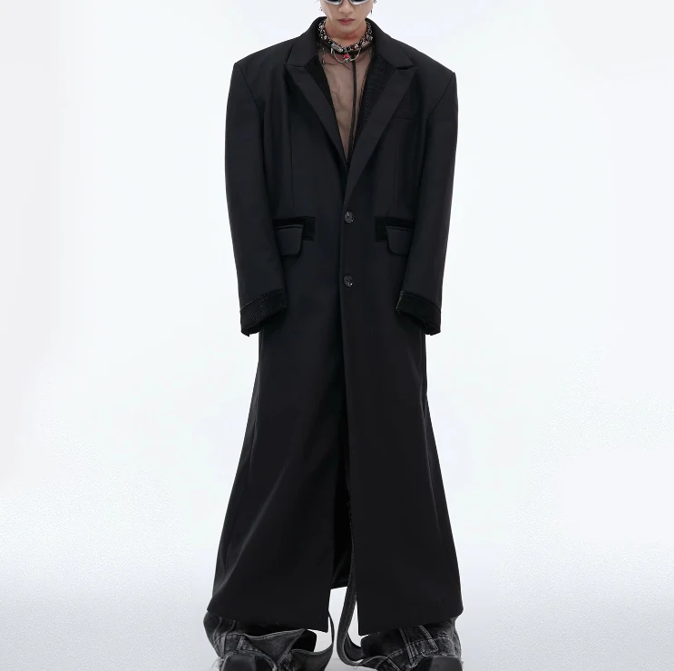 Black Padded Shoulder Coat, PU Leather Stitching Design, Over The Knee length, offering warmth and style for a chic and — photo 4