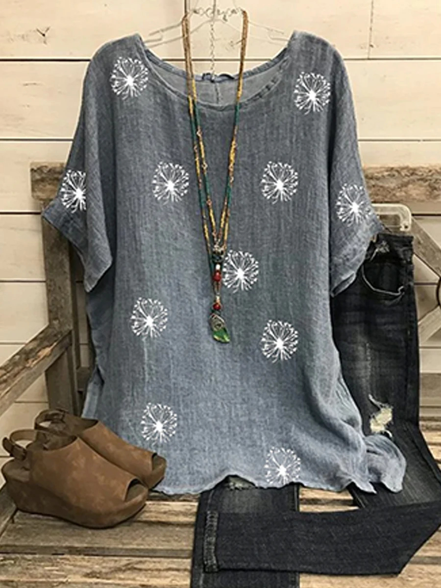 Title 6, Womens Round Neck Printed Loose Washed Cotton ...