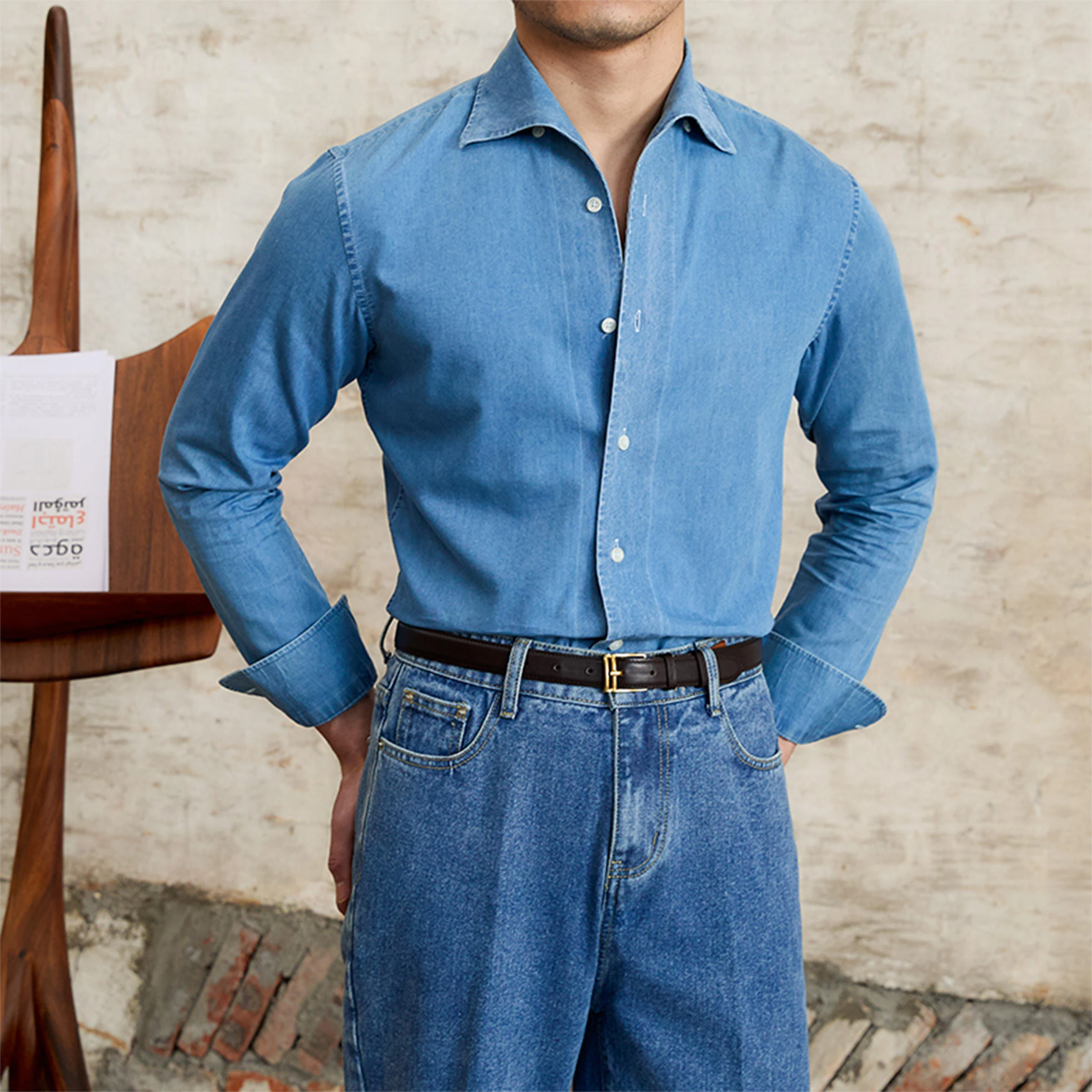 Camisa Jeans Masculina Casual Gentry Manga Longa British Fashion. Conforto e estilo denim para o homem moderno. Ideal para looks casuais e despojados. — foto 7