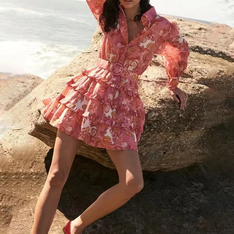 Retro Printing Lapel Single-breasted Waist Slimming Dress — photo 15