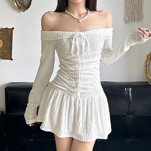 Title 6, French Style Pleating Off-shoulder Dress Women...