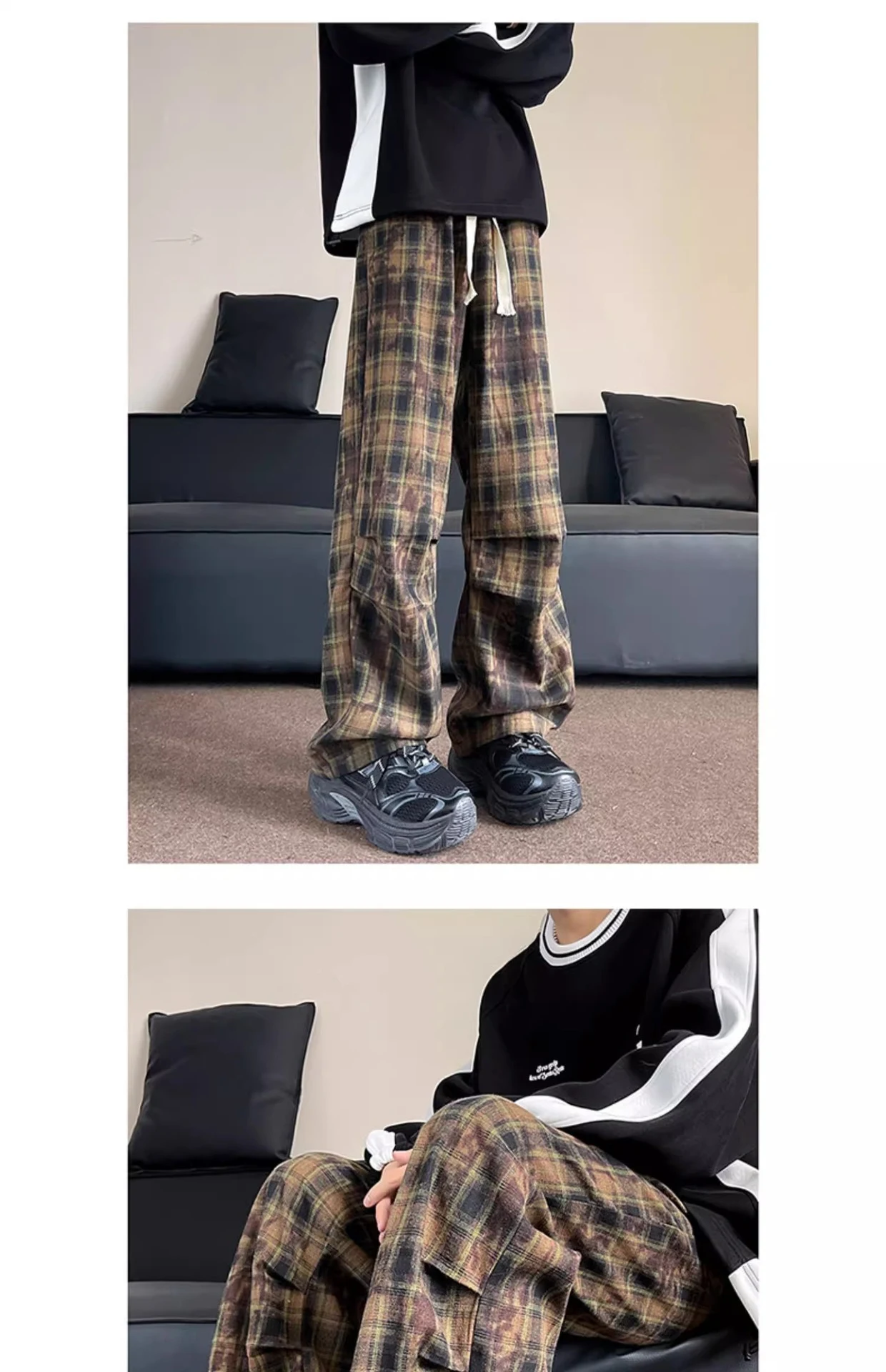 Title 8, Plaid Retro Wide Leg Loose Casual Pants, Comfor...