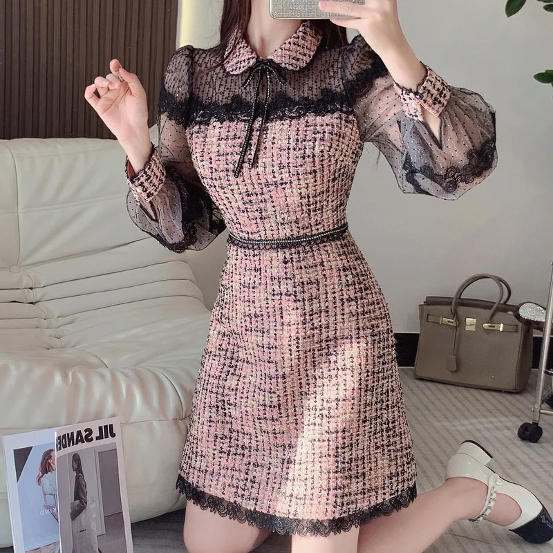 Lapel Bow Puff Sleeve Slimming Classic Style Dress — photo 4