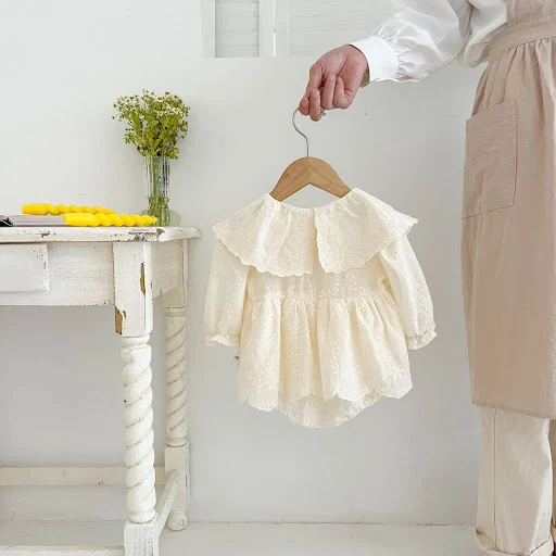 Title 3, Vestido de bebê com gola de renda bordada e man...