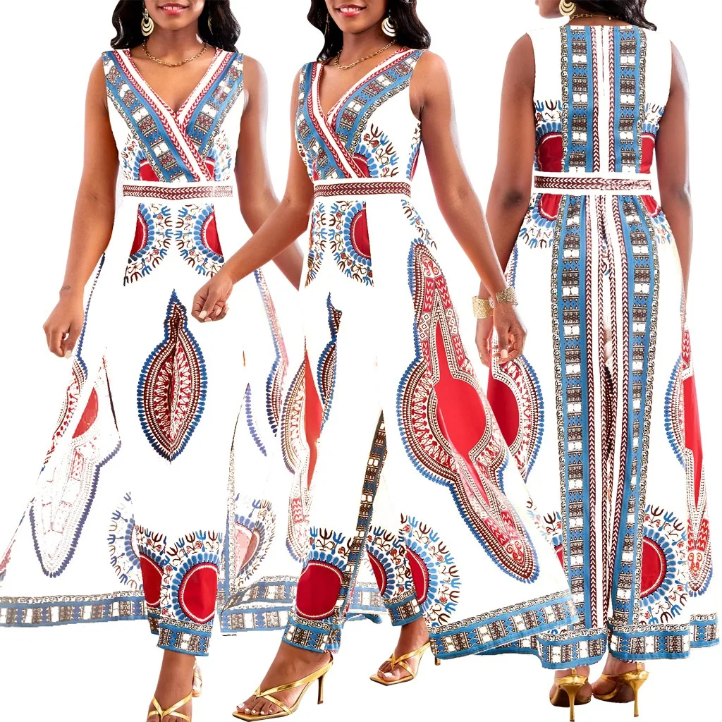 Title 3, Fashion Digital Printed V-neck Womens Jumpsuit