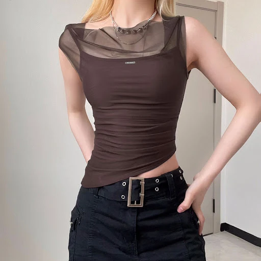 Title 6, Mesh Spliced Irregular Strap Tank Top For Women