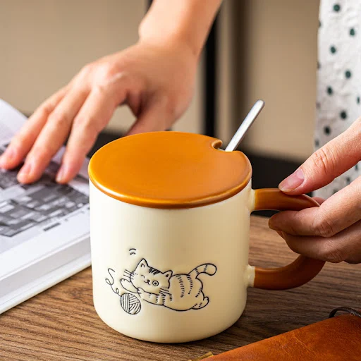 Title 8, Hand Painted Cute Cat Printing Ceramic Cup Suit...