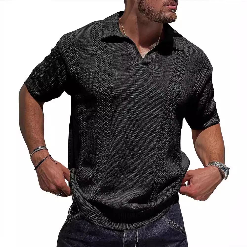 Men's Knitted Polo Shirt Short Sleeve V-neck Hollow European and American Fashion, breathable and stylish for summer wea — photo 19