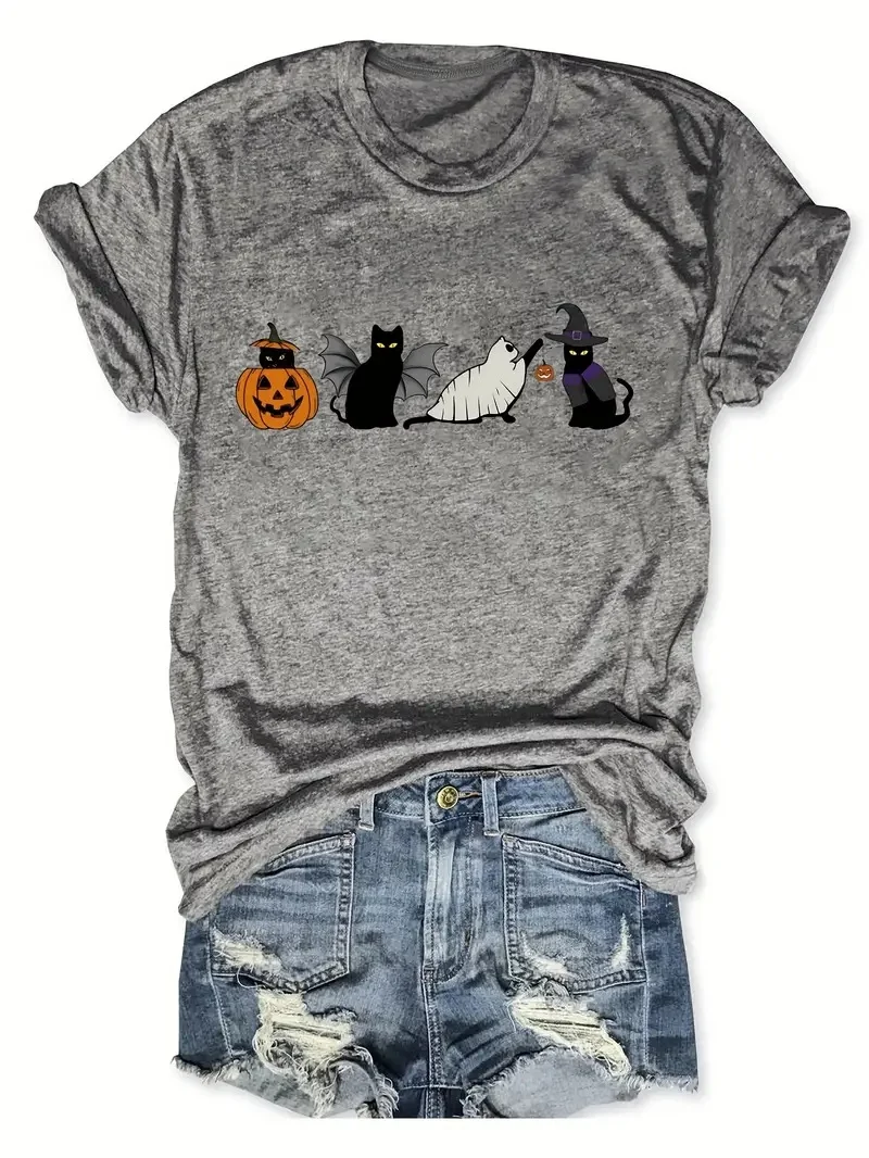 Camiseta com gola redonda e manga curta com estampa de abóbora e gato preto de Halloween, ideal para festas e fantasias. — foto 5