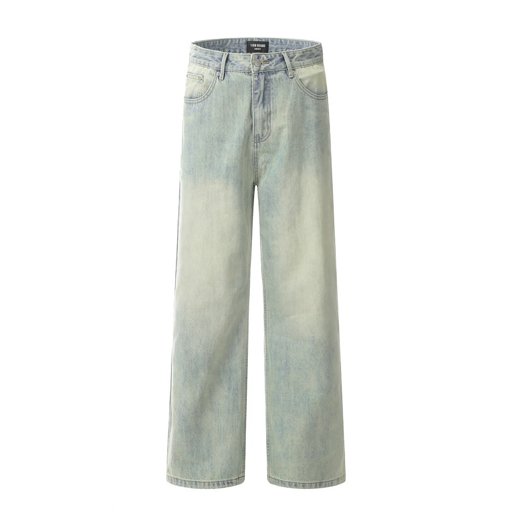 Men's Punk Distressed Yellow Mud Dyed Straight Jeans, a unique style with a worn look, comfortable fit, for a bold and e — photo 6