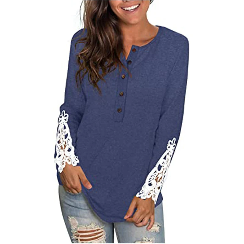 Title 2, Round Neck Button Sleeves Lace T-Shirt Top