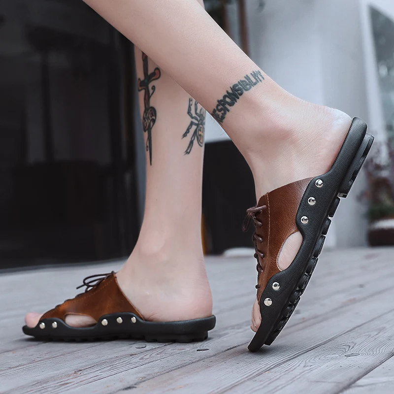 Title 8, Mens Slippers Non-slip Breathable Leather Sand...