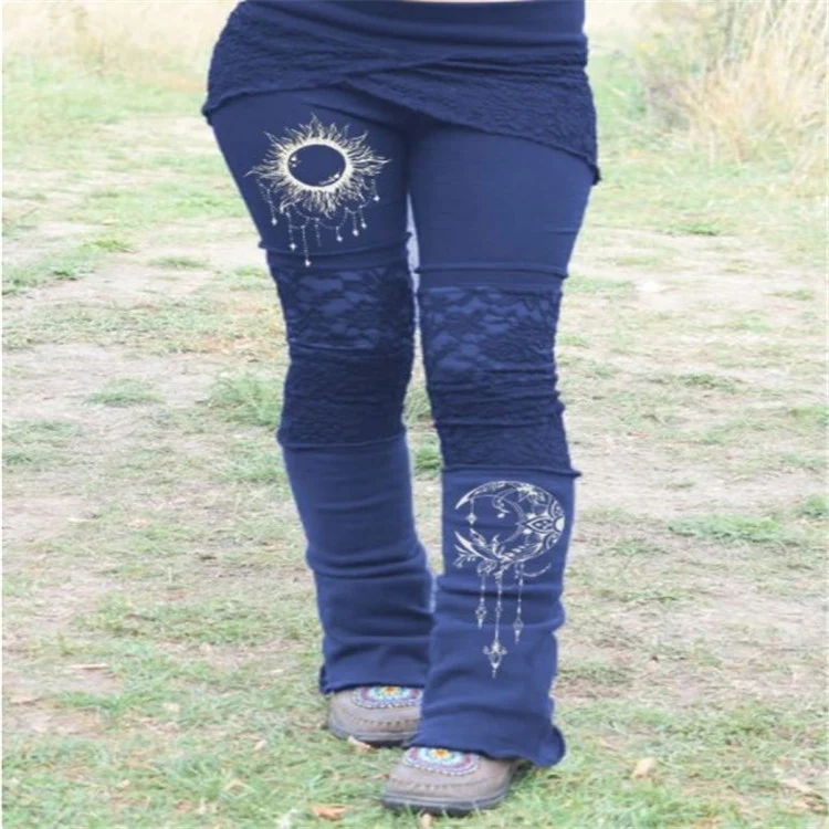 Leggings com renda, estampa e patchwork, estilo europeu e americano, com elasticidade. Conforto e moda para um visual único e versátil. — foto 5