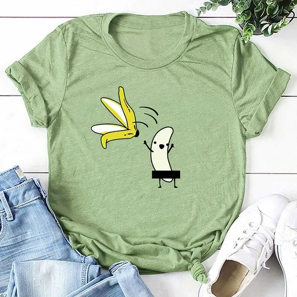 Camiseta feminina casual banana cartoon estampa manga curta — foto 10