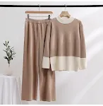 Conjunto de tricô com patchwork contrastante, top solto, calças de perna larga e efeito emagrecedor. Conforto e estilo para você! — foto 21