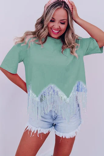 Title 4, Tassel Stitching Hem Round Neck Pullover, a sty...
