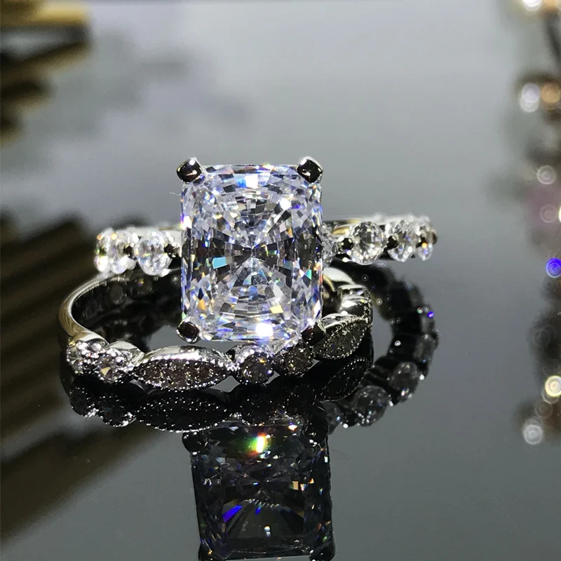 Conjunto de anéis de prata 925 com diamantes de carbono quadrados, alta qualidade, design elegante e perfeito para ocasiões especiais. — foto 10