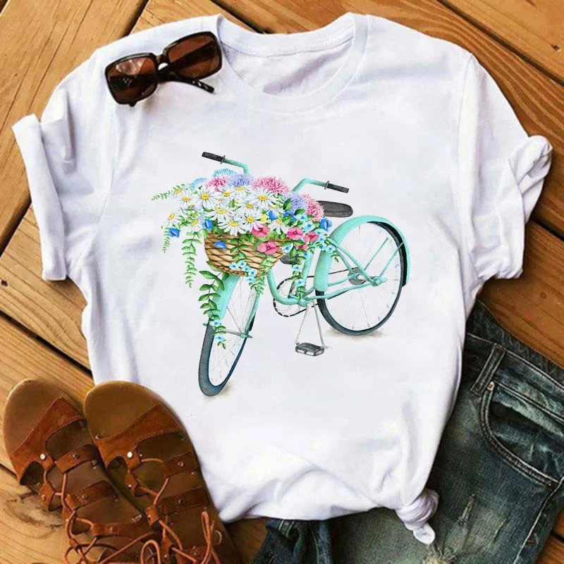 Leuk T-shirt voor dames met fiets- en zonnebloemprint en korte mouwen — foto 5