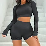 Conjunto de Yoga Sem Costura Manga Longa Shorts Feminino Roupas Esportivas Confortáveis e Flexíveis para Exercícios e Treinos. — foto 16
