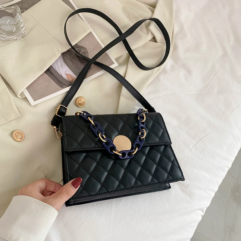 Bolsa Quadrada Pequena Bordada Cor Pura Losango Corrente Simples Moda Elegante Prática e Ideal para Todas Ocasiões — foto 2