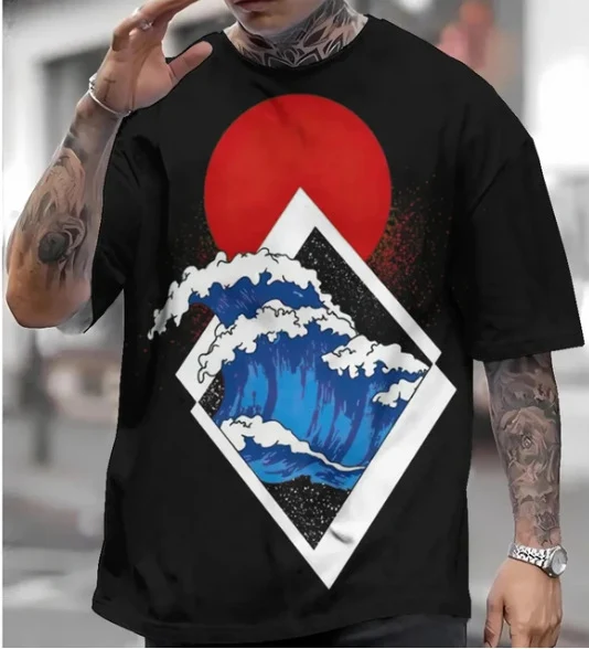 Title 12, Camiseta Ukiyo-e 3D masculina, gola redonda e m...