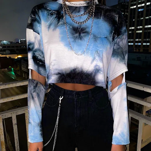 Title 5, Broken Sleeve Tie Dye Print Fashion Street Long...