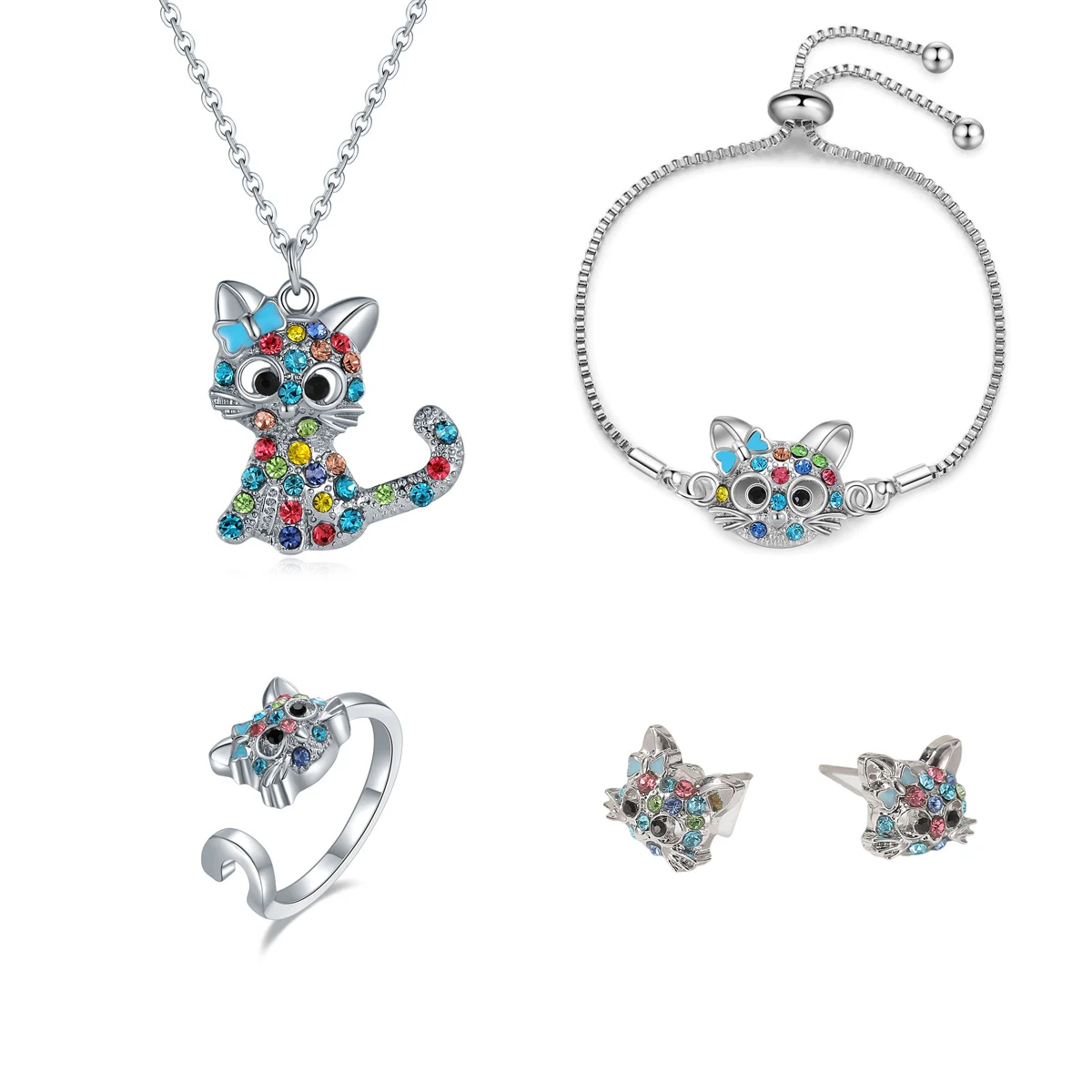 Conjunto de colar, pulseira, brincos e anel de gato com diamantes, adornos infantis, presente ideal para crianças — foto 1