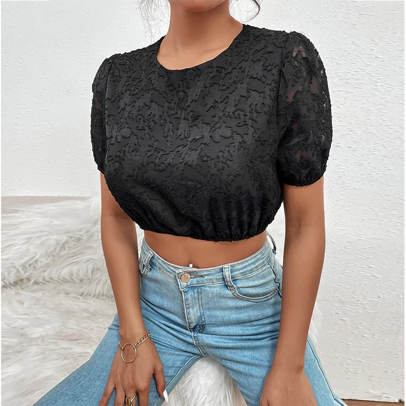Zomer en herfst nieuwe uitgeholde trui met korte mouwen in buitenlandse stijl, cropped navel Franse retro top met ronde hals — foto 1