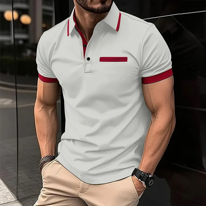 Camisa Polo Casual Europeia e Americana com Bolso Falso no Peito, Gola, Botões e Combinação de Cores para Negócios. — foto 1