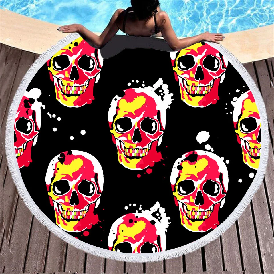 Title 4, Skull print with tassel round beach towel for s...