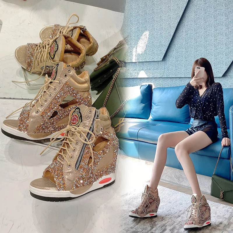 Personalized Sponge Cake with Thick-soled Casual Sequin Lace-up Fish Mouth Shoes offers a comfortable and stylish everyd — photo 3