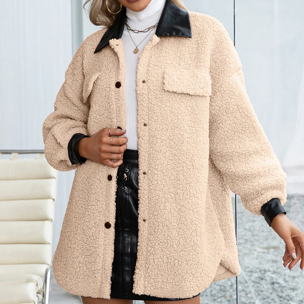 Title 8, Lapel Cardigan Plush PU Long Single Breasted Tr...